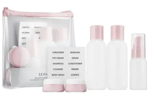 Pink and white reusable travel container set from Sephora